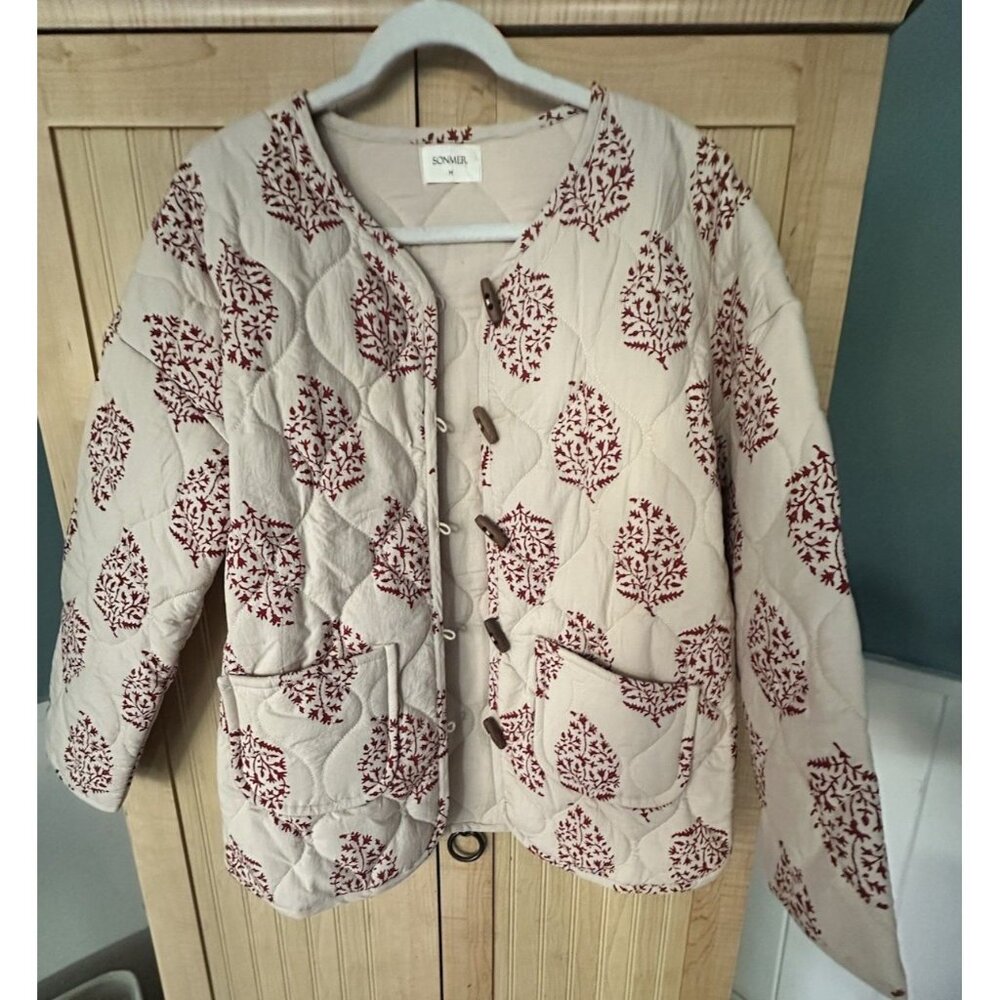 SONMER Cream /Wine Jacquard Print Quilted Poplin Cotton Jacket Sz M Retail $310 - Picture 7 of 8